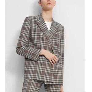 Theory Woman Brown Gray Plaid Wool Double Breasted Boxy Blazer Jacket SIZE00